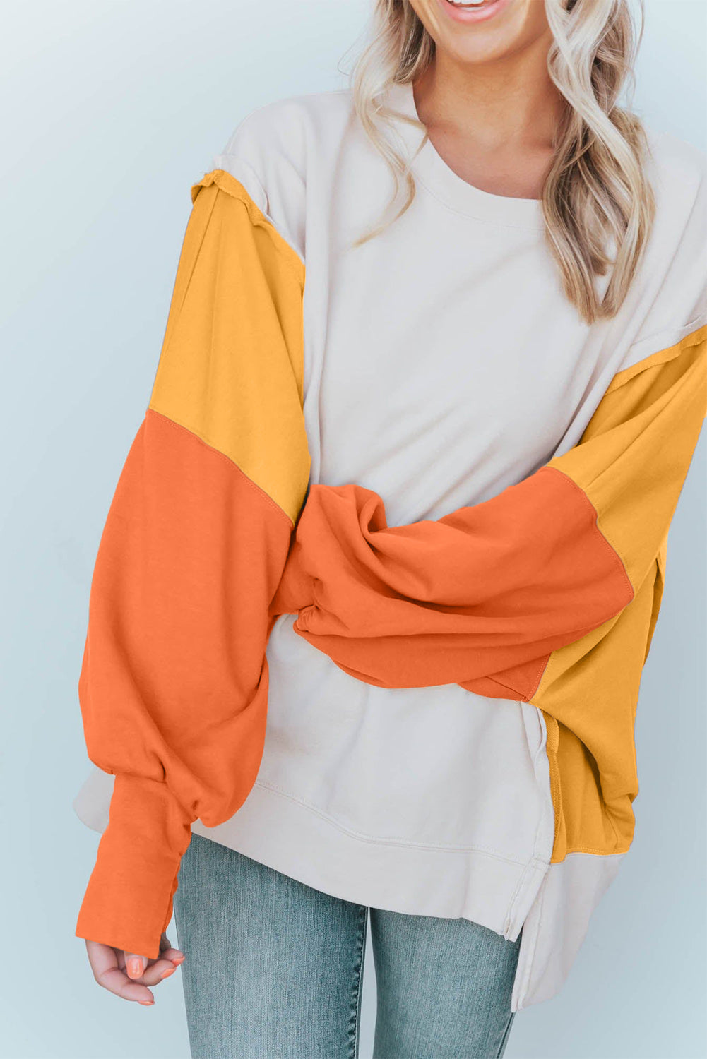 Color Block Exposed Seam Lantern Sleeve Sweatshirt