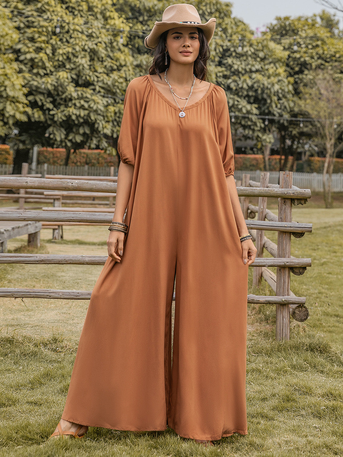 Scoop Neck Half Sleeve Wide Leg Jumpsuit