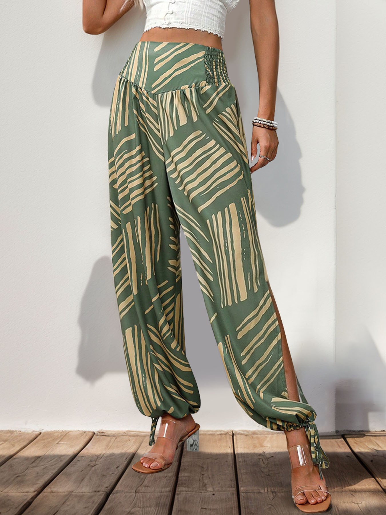 Perfee Smocked Slit Printed High Waist Pants