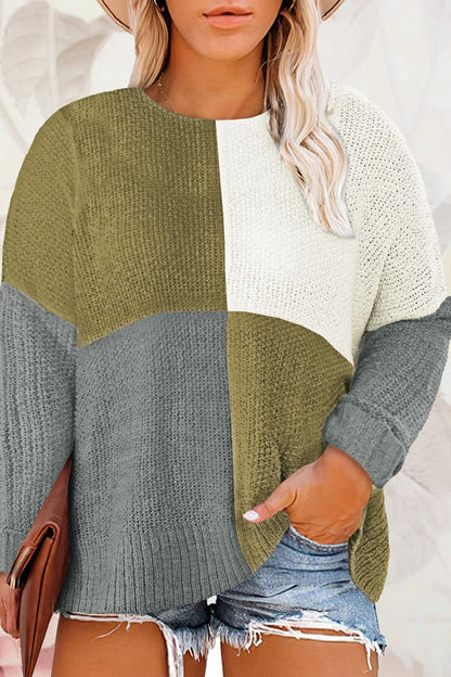 Plus Size Color Block Round Neck Sweater