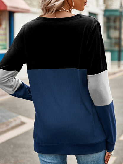 Color Block Cutout Round Neck Long Sleeve T-Shirt