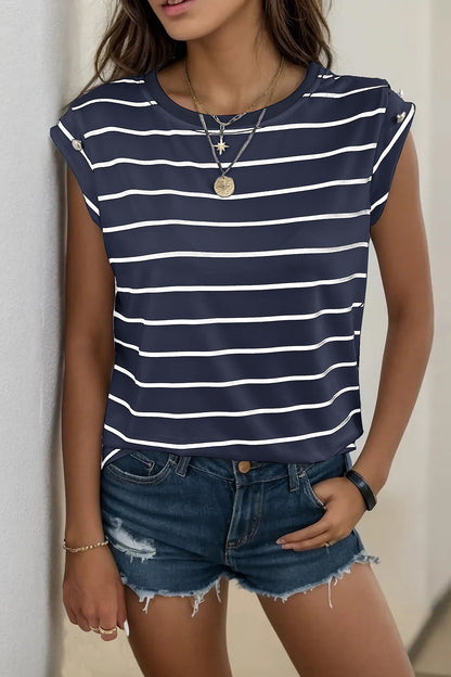 Perfee Decorative Button Round Neck T-Shirt