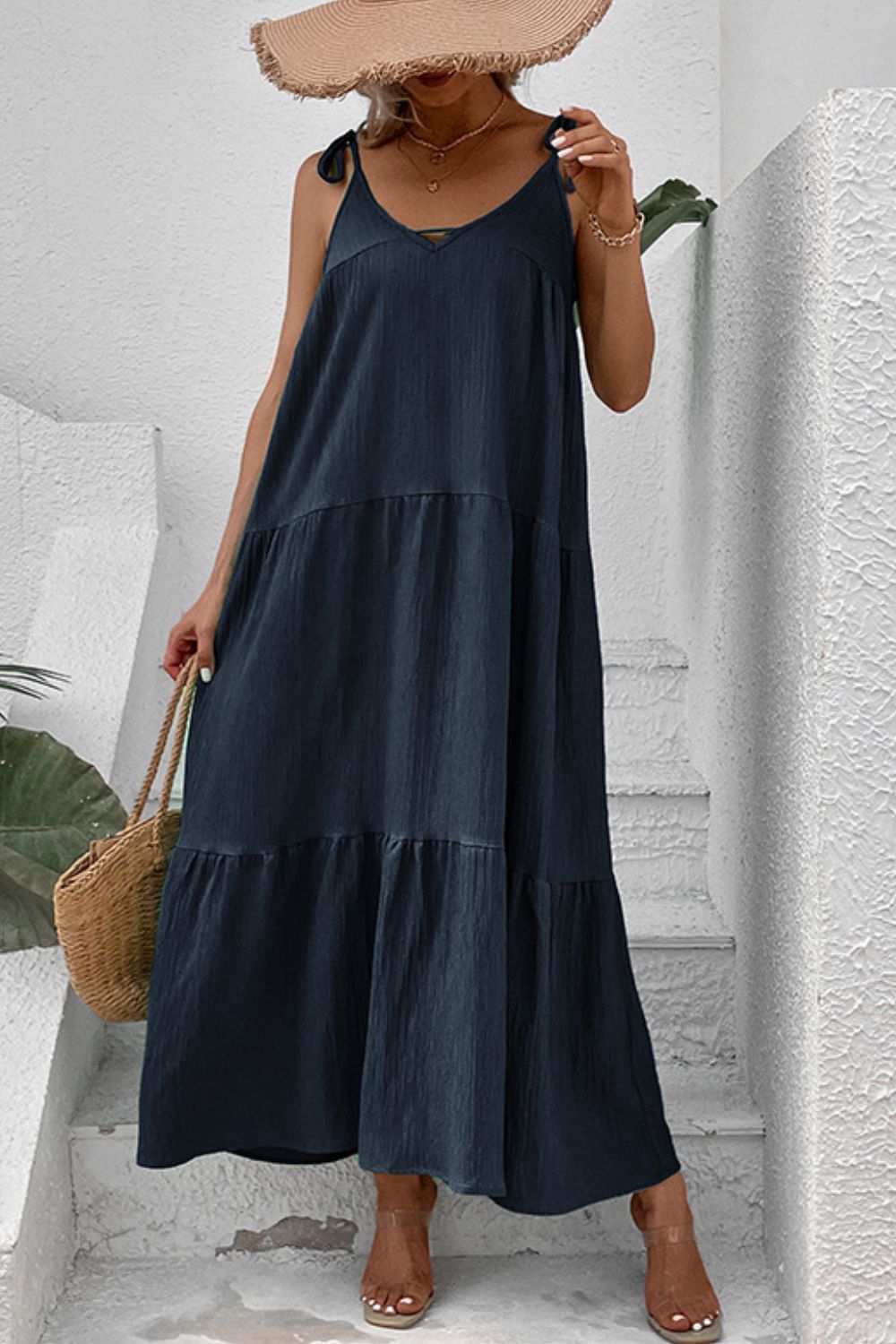 Perfee Tie-Shoulder Tiered Maxi Dress