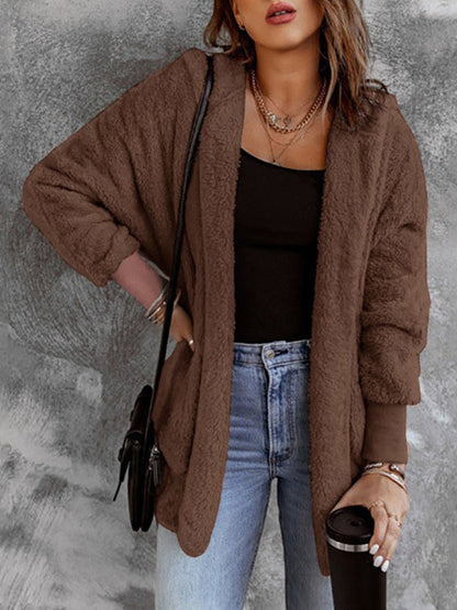 Open Front Hooded Faux Fur Outwear with Pockets