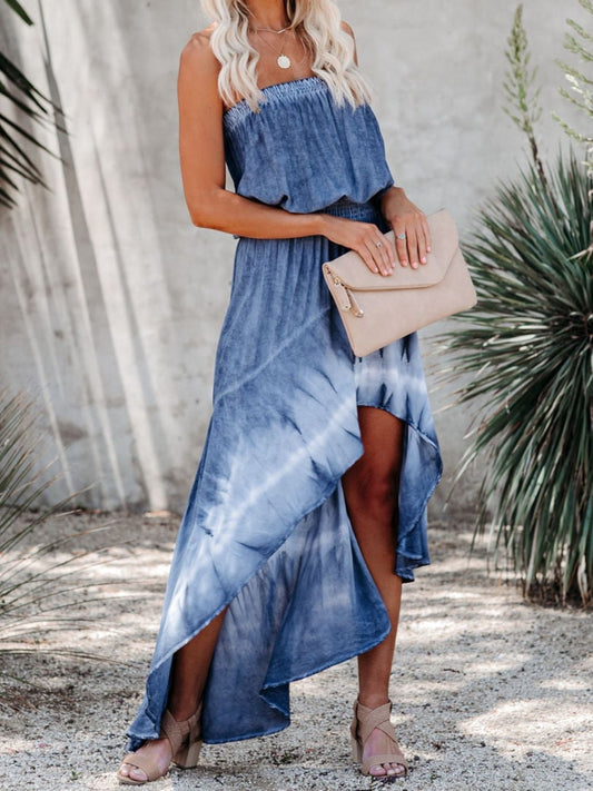 MeiMei Smocked High-Low Tube Denim Dress