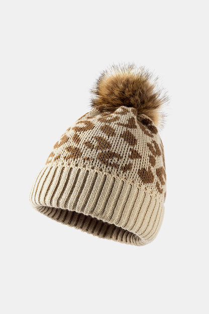 Leopard Pom-Pom Cuffed Beanie