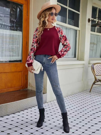 Floral Raglan Sleeve Round Neck Sweatshirt