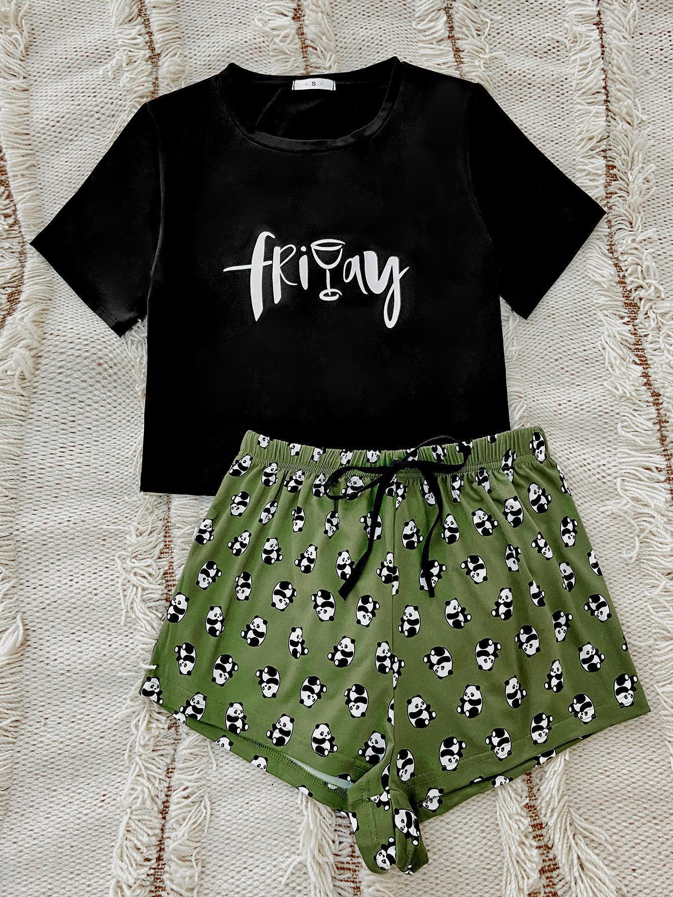 Graphic Tee and Panda Print Shorts Lounge Set