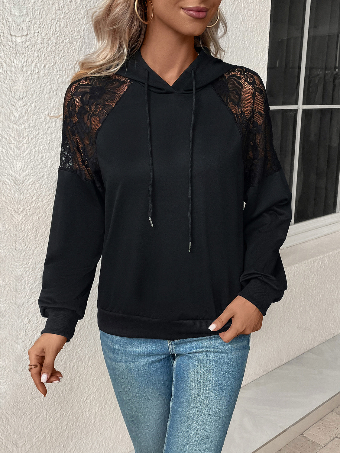 Perfee Lace Detail Drawstring Long Sleeve Hoodie