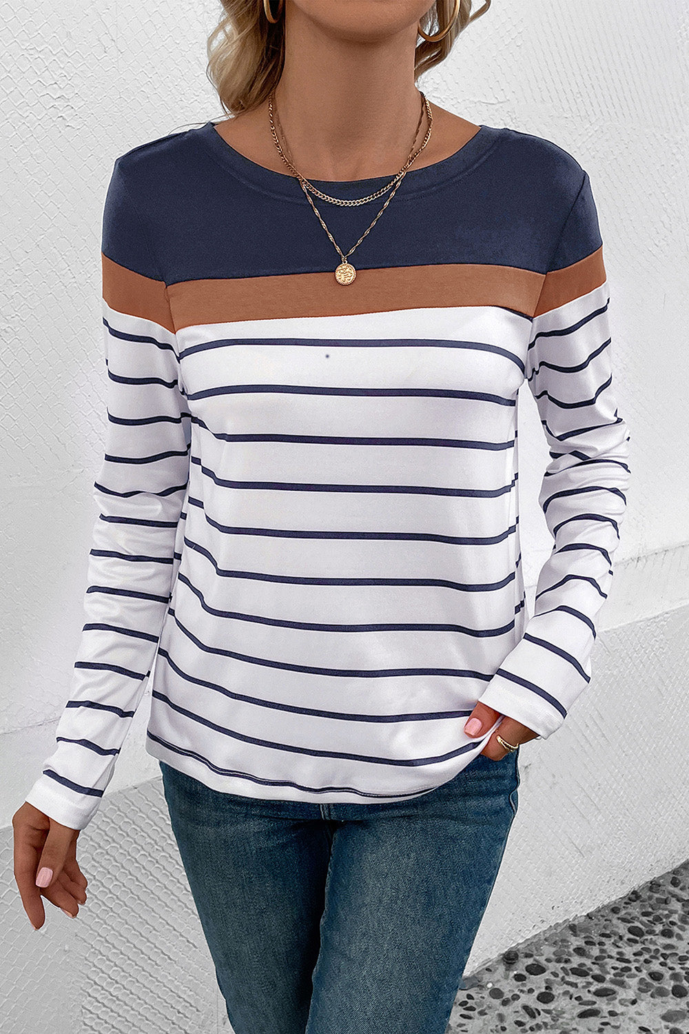 Perfee Striped Round Neck Long Sleeve T-Shirt