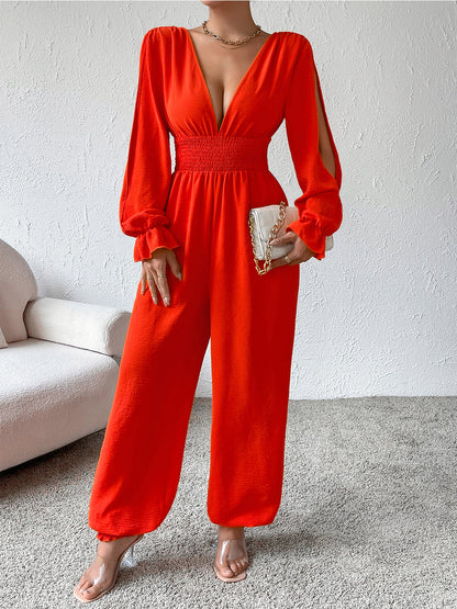 Honey Plunge Smocked Flounce Sleeve Jumpsuit