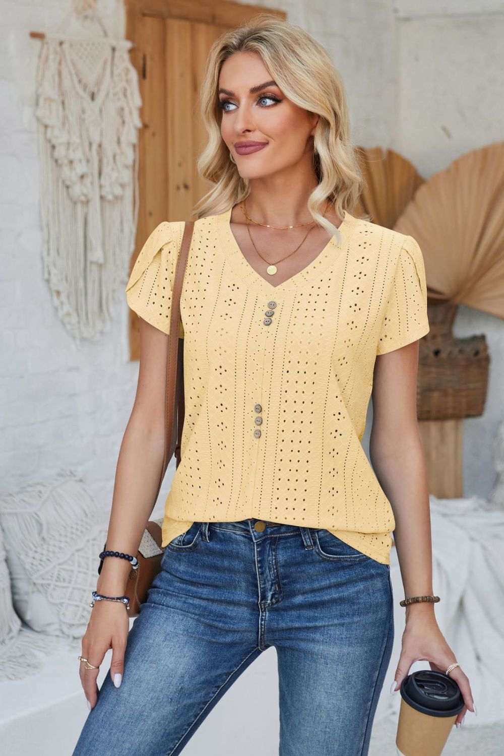 Decorative Button Eyelet V-Neck Short Sleeve T-Shirt