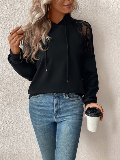 Perfee Lace Detail Drawstring Long Sleeve Hoodie