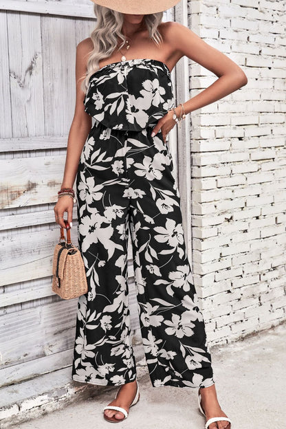 Perfee Floral Strapless Wide Leg Jumpsuit