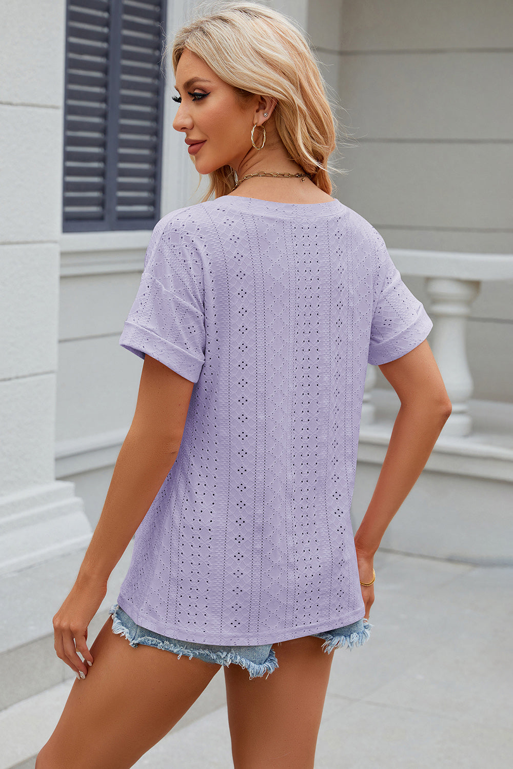 Eyelet V-Neck Short Sleeve T-Shirt