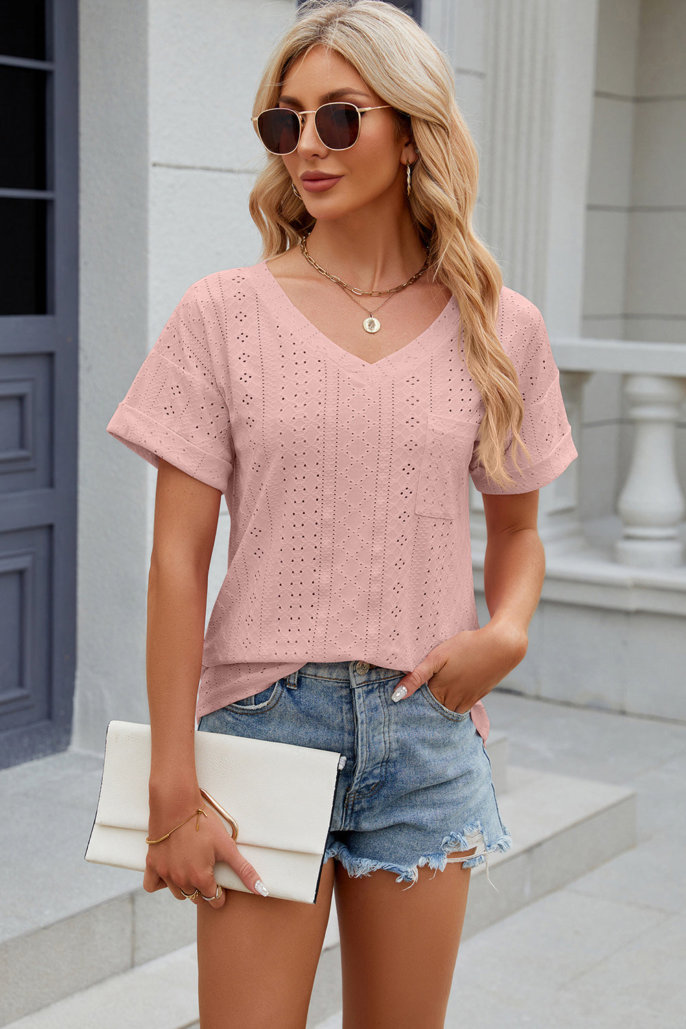 Eyelet V-Neck Short Sleeve T-Shirt