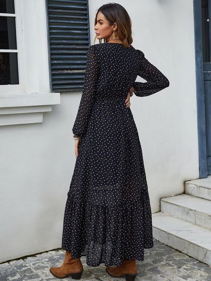 Embroidered V-Neck Long Sleeve Dress