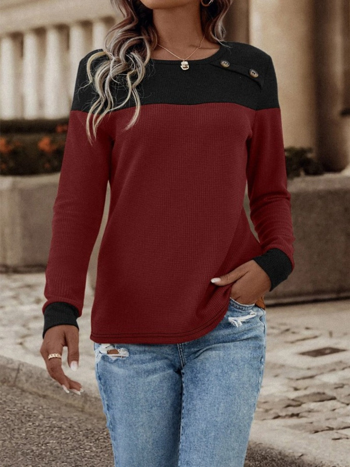 Contrast Buttoned Round Neck Long Sleeve T-Shirt