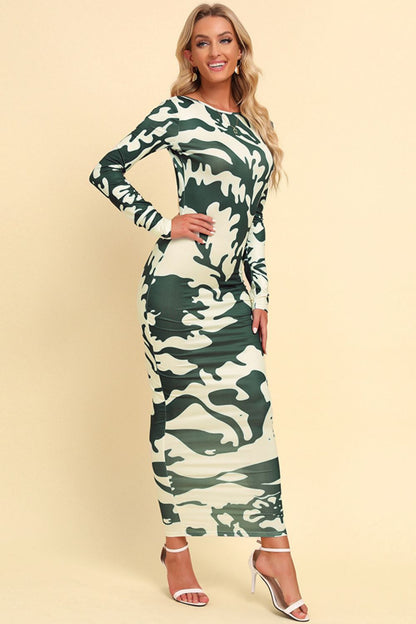 Printed Backless Long Sleeve Maxi Dress