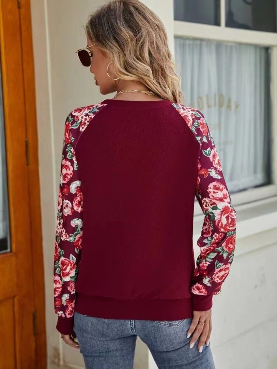 Floral Raglan Sleeve Round Neck Sweatshirt