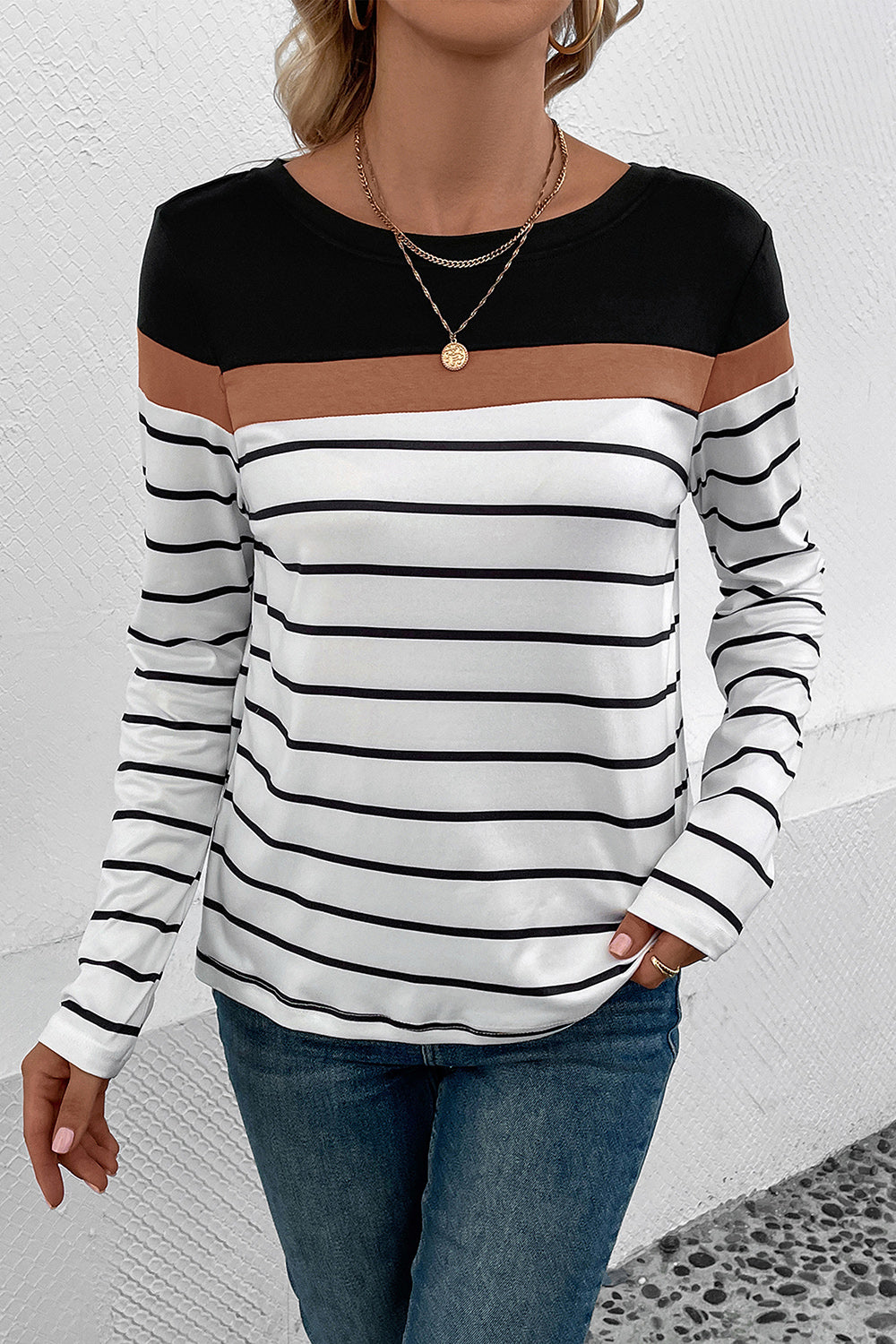 Perfee Striped Round Neck Long Sleeve T-Shirt