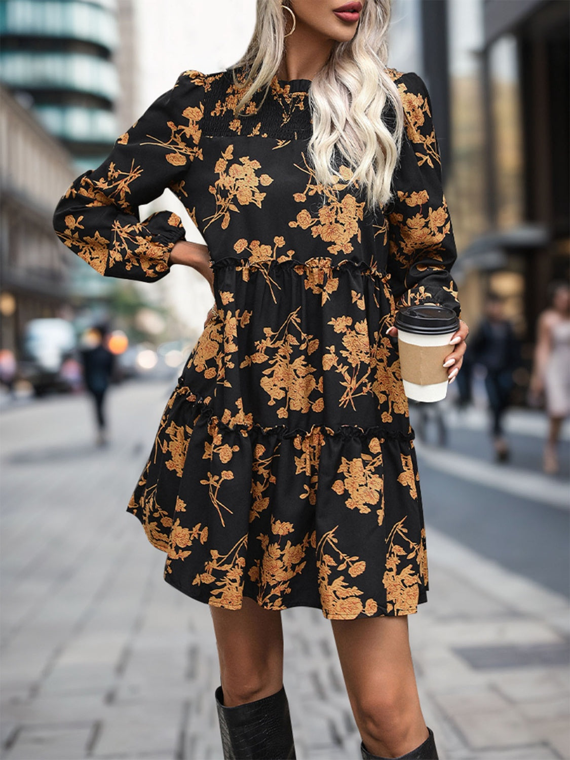 Perfee Frill Printed Long Sleeve Mini Dress