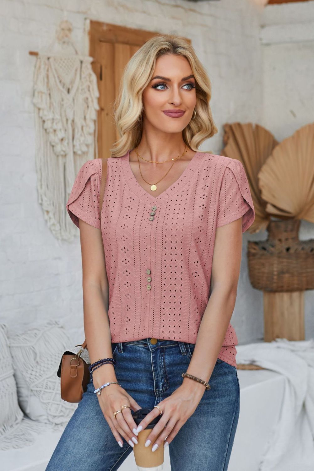 Decorative Button Eyelet V-Neck Short Sleeve T-Shirt