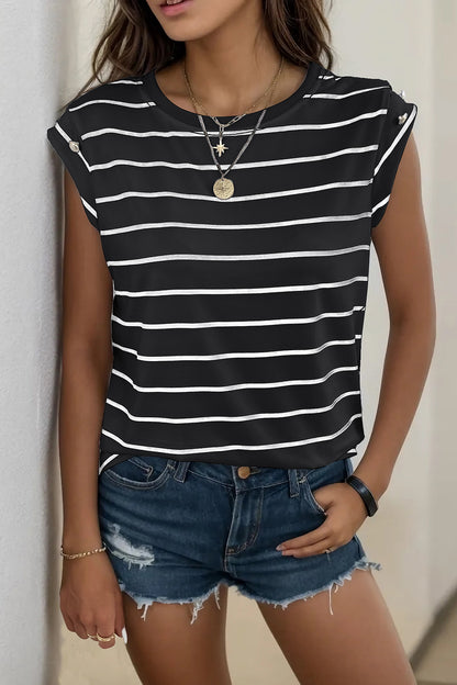 Perfee Decorative Button Round Neck T-Shirt