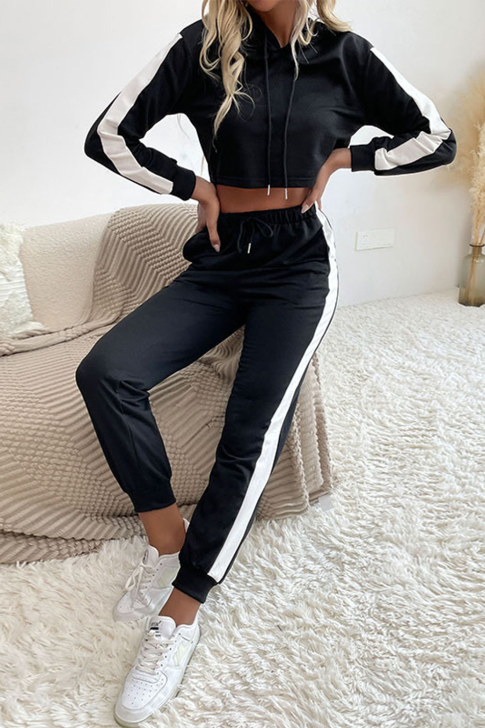 Perfee Side Stripe Cropped Hoodie and Jogger Set