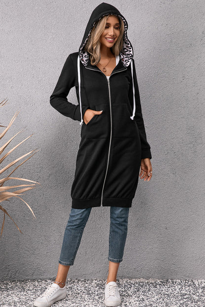 Ivy Lane Leopard Spliced Drawstring Zip Up Hoodie Dress