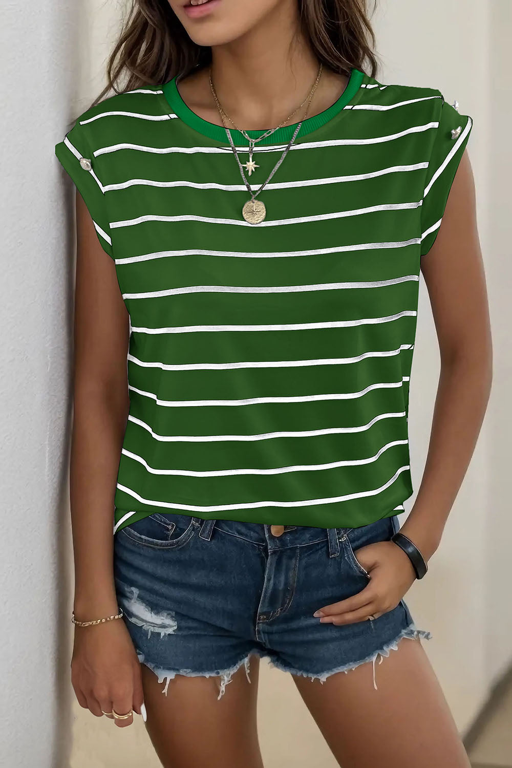 Perfee Decorative Button Round Neck T-Shirt