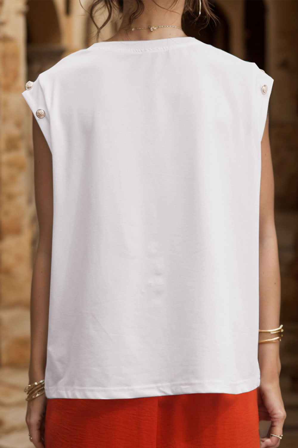 Perfee Decorative Button Round Neck T-Shirt