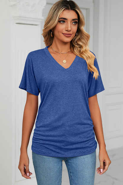 Ruched V-Neck Short Sleeve T-Shirt