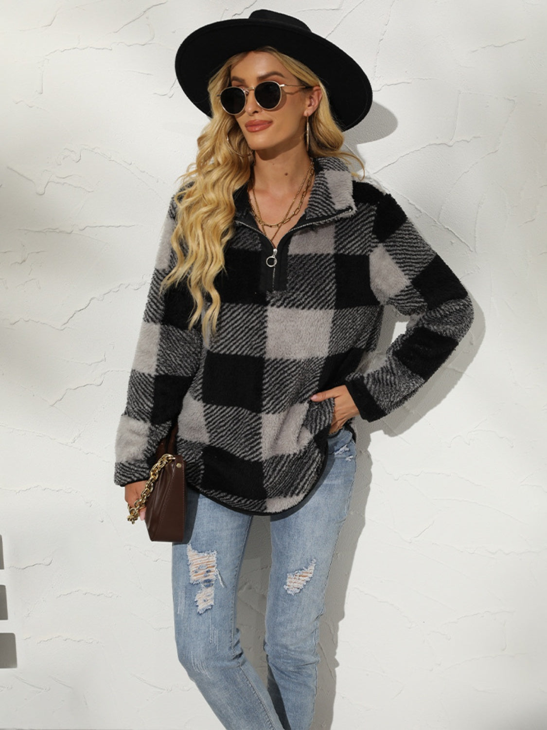 Shiny Plaid Half Zip Long Sleeve Sweatshirt