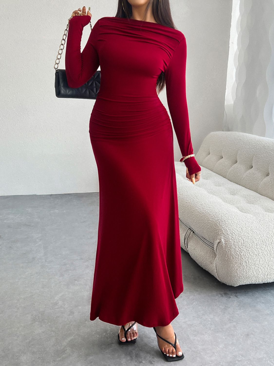 Devine Ruched Long Sleeve Maxi Dress