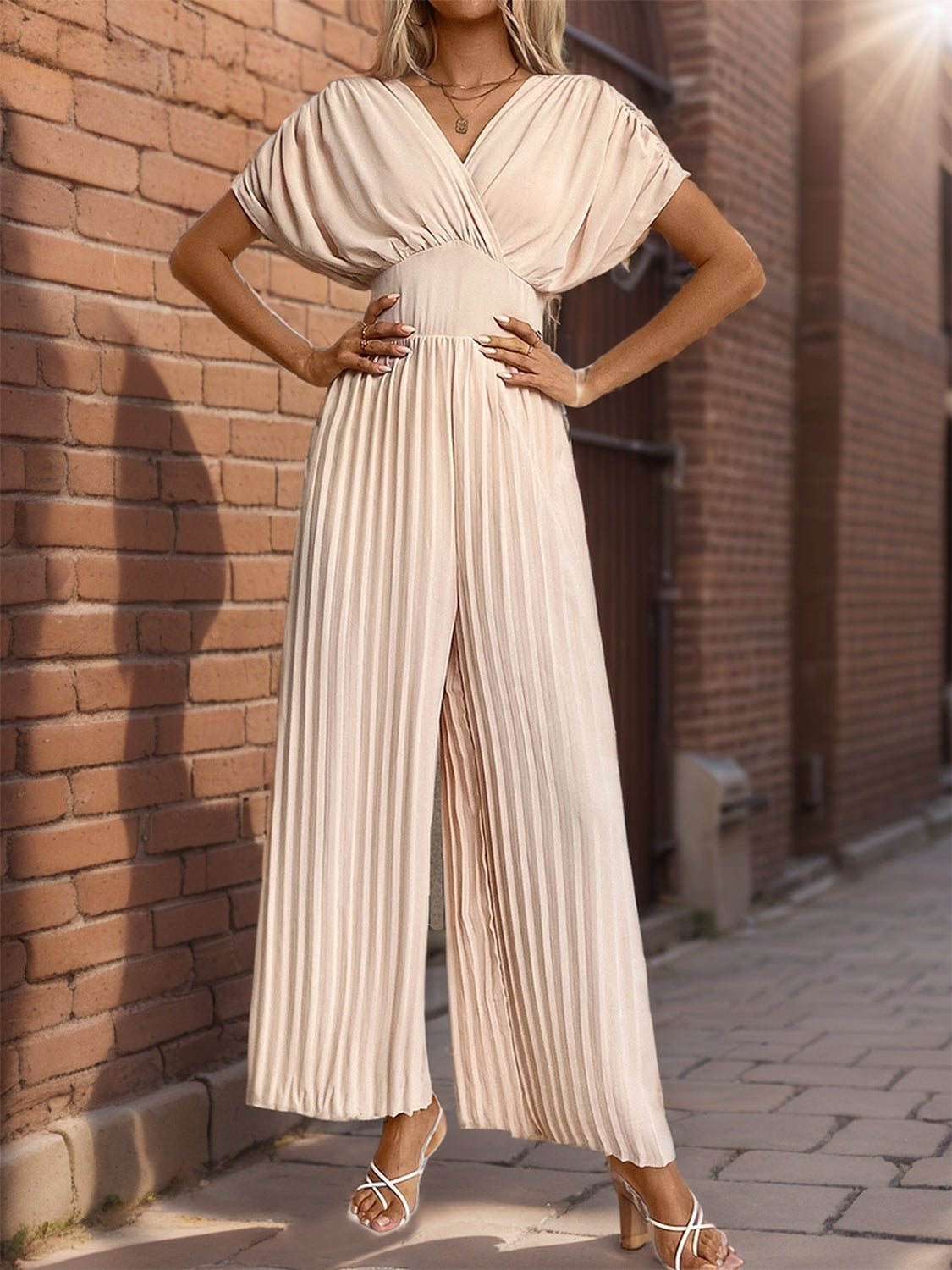 Perfee Pleated Short Sleeve Wide Leg Jumpsuit