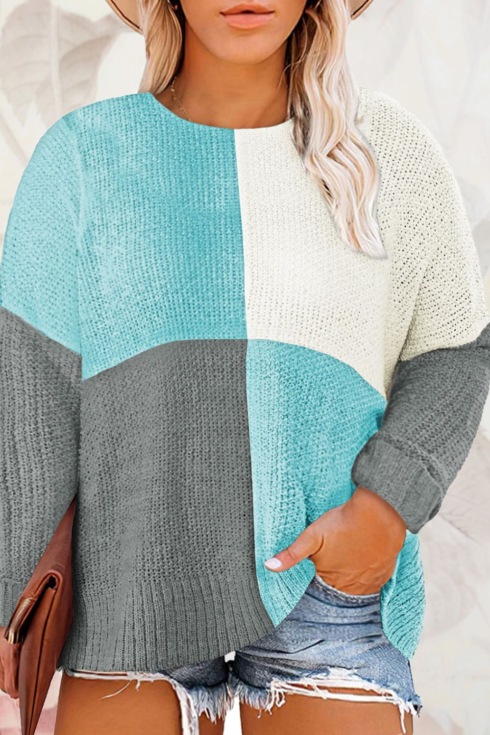 Plus Size Color Block Round Neck Sweater