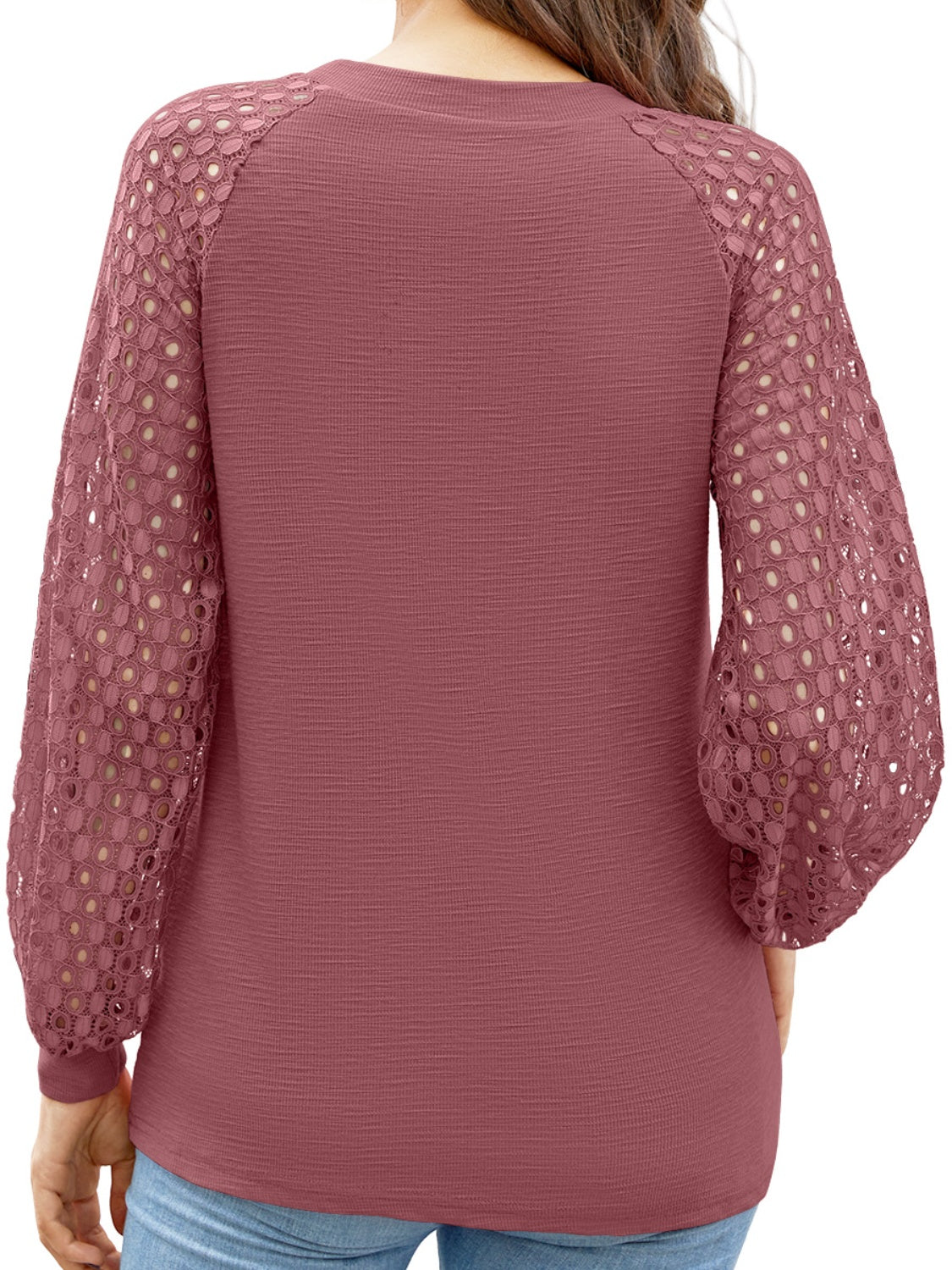 Full Size Eyelet Round Neck Long Sleeve T-Shirt