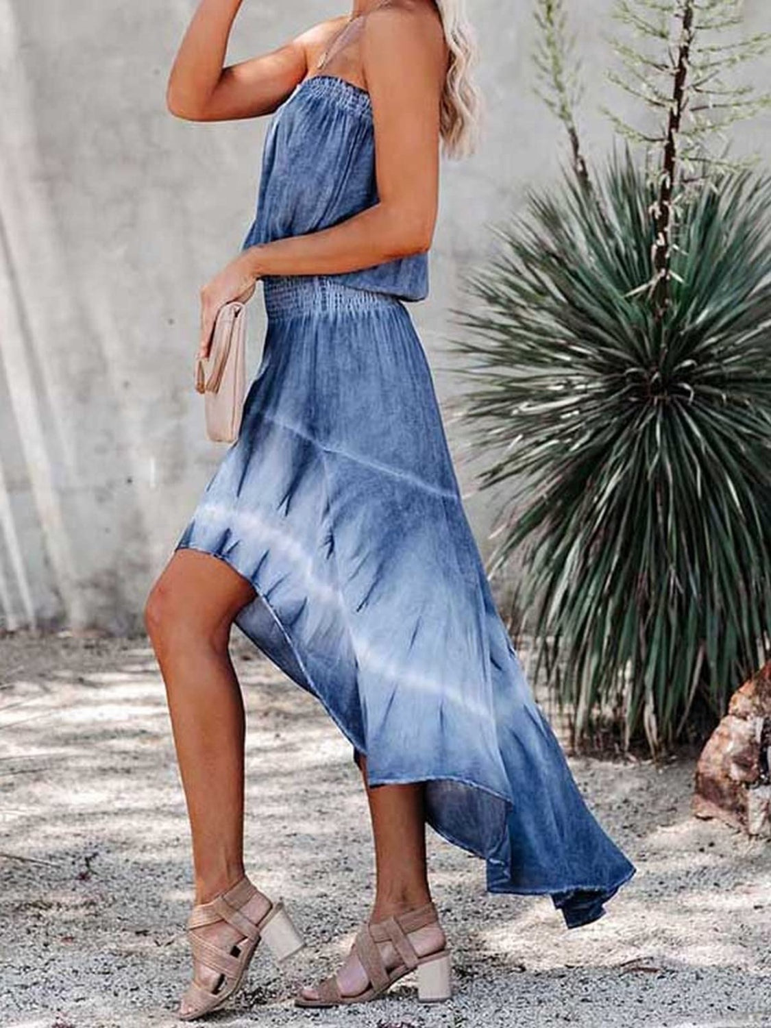 MeiMei Smocked High-Low Tube Denim Dress