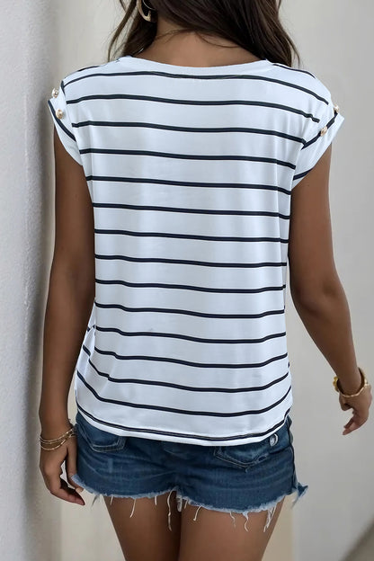 Perfee Decorative Button Round Neck T-Shirt