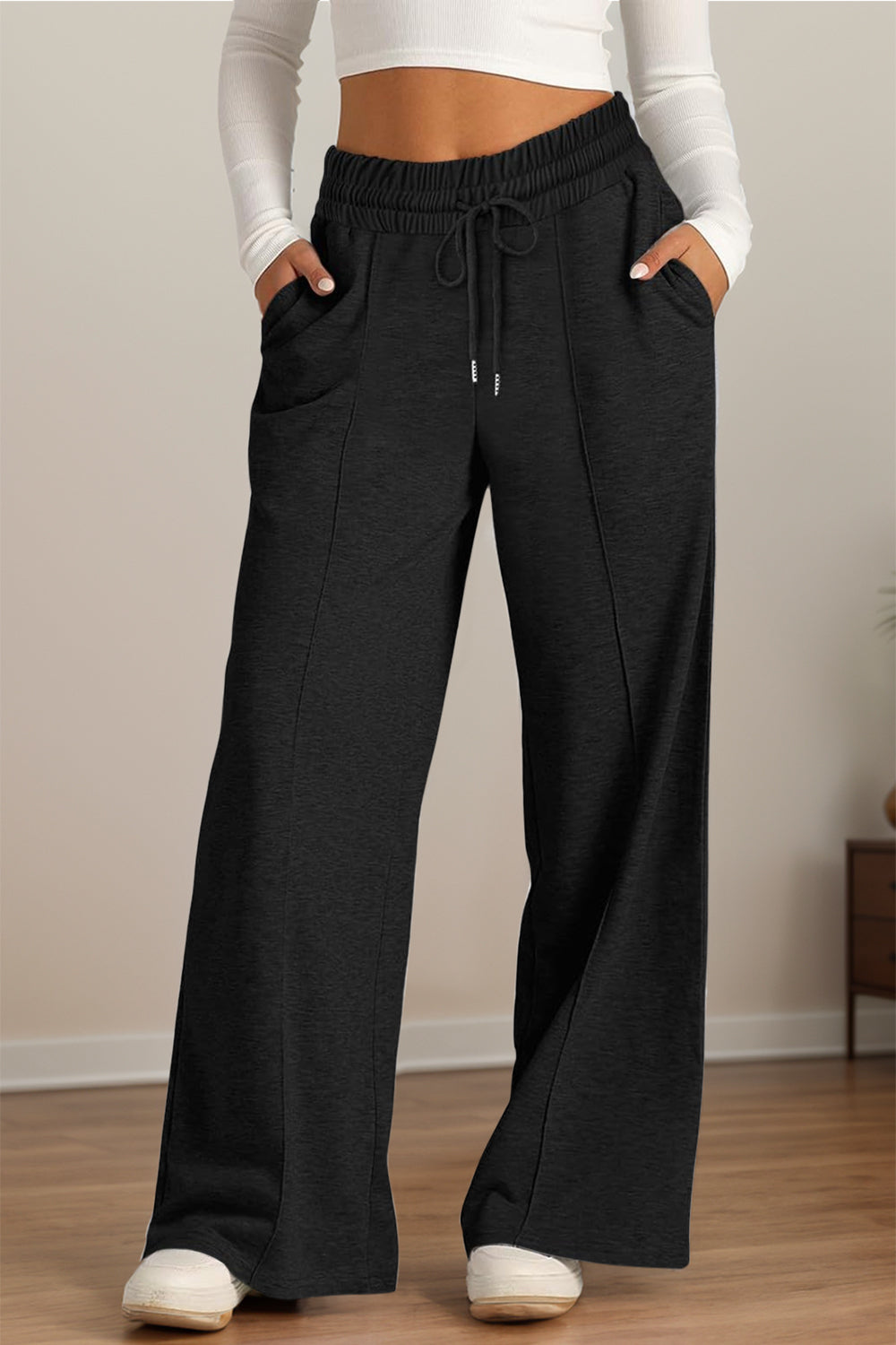 Drawstring Elastic Waist Wide Leg Pants