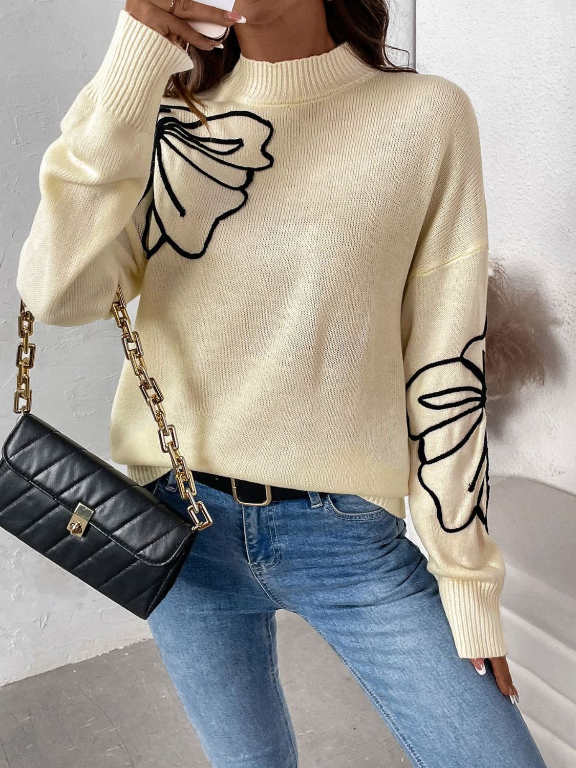 Perfee Mock Neck Dropped Shoulder Long Sleeve Sweater