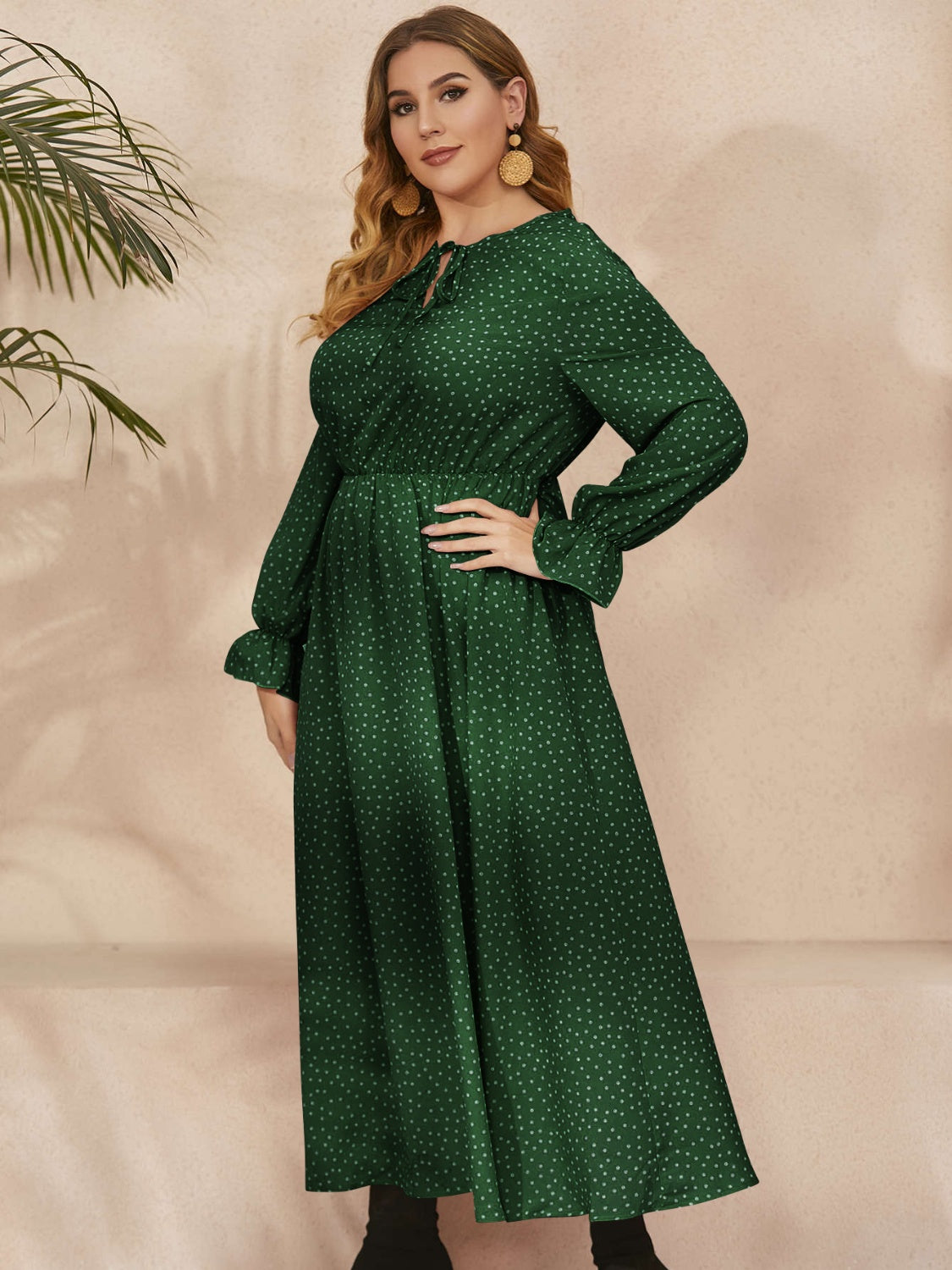 Honey Plus Size Ruffled Polka Dot Long Sleeve Midi Dress