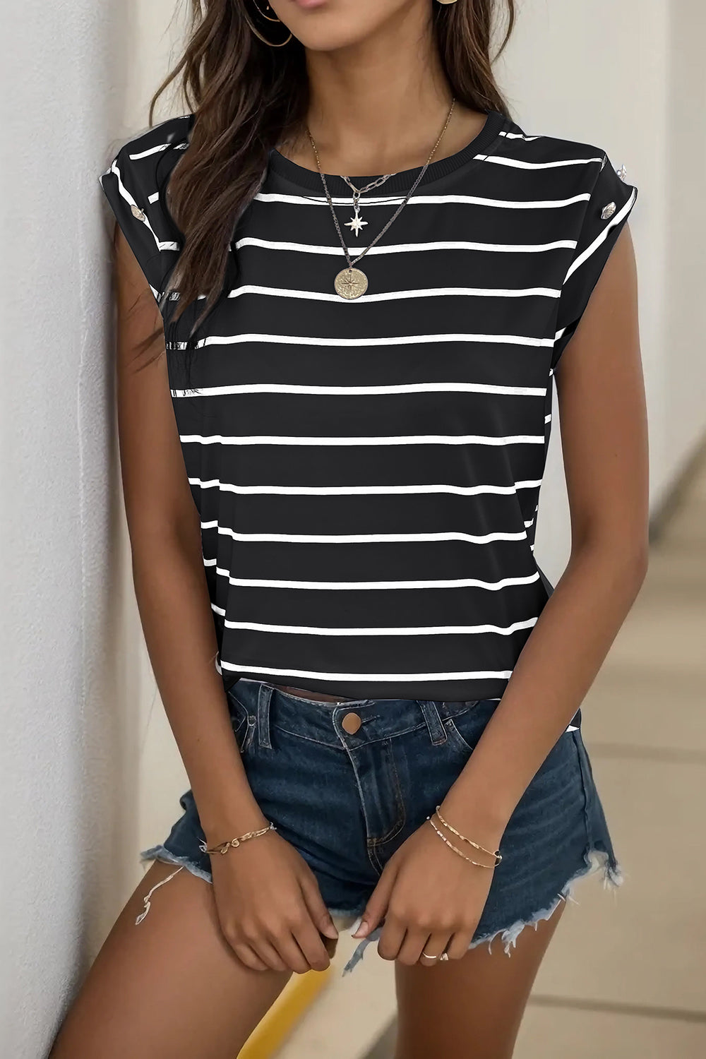 Perfee Decorative Button Round Neck T-Shirt