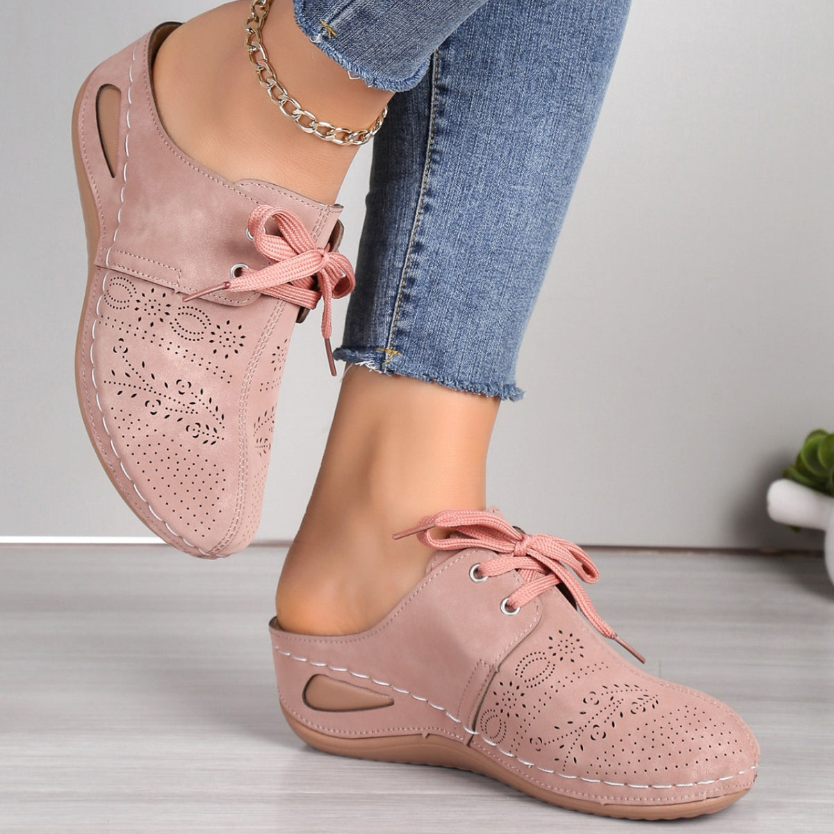 Lace-Up Round Toe Wedge Sandals