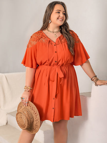 Plus Size Lace Button Up Half Sleeve Dress