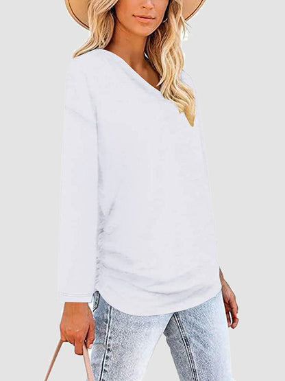 Ruched V-Neck Long Sleeve T-Shirt