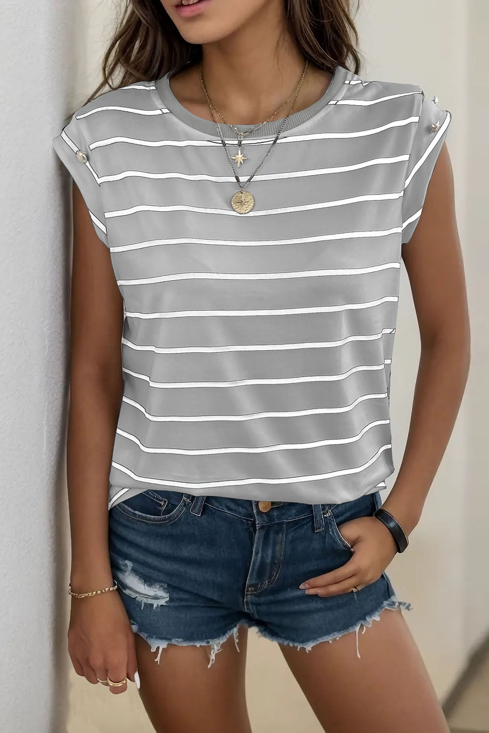 Perfee Decorative Button Round Neck T-Shirt